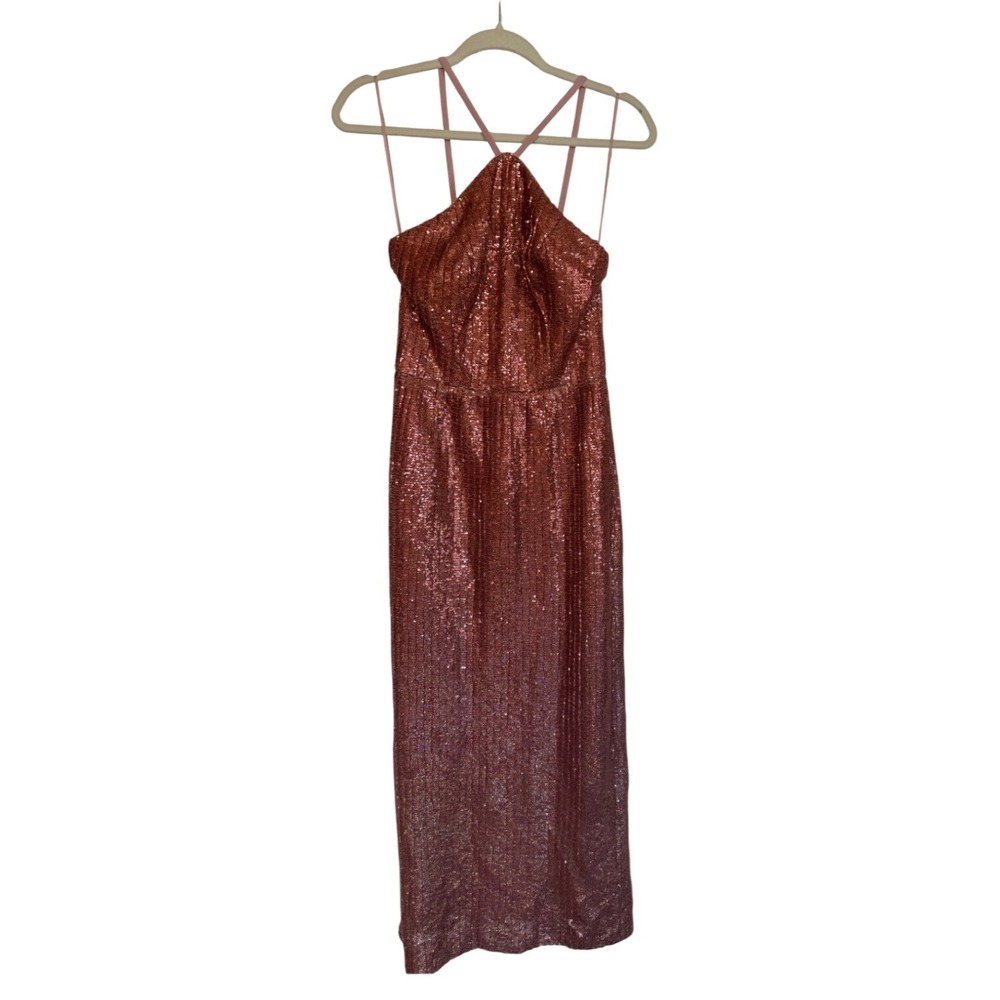 Dress the Population Rose Gold Sequin Halter Gown Column Maxi Sample Small 2/4 - Picture 4 of 5